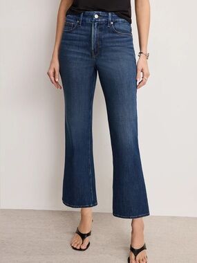 NWOT-Good American Dark Indigo Good Legs Crop Mini-Boot Jeans Frayed Hem